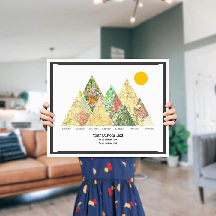 Personalized Mountain Atlas Map with 7 Locations, White Floater Framed Art Print, Styled#color-finish_white-floater-frame