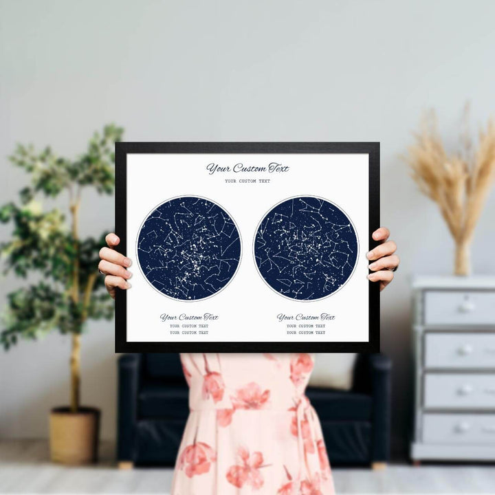 Star Map Gift Personalized With 2 Night Skies, Horizontal, Black Thin Framed Art Print, Styled#color-finish_black-thin-frame