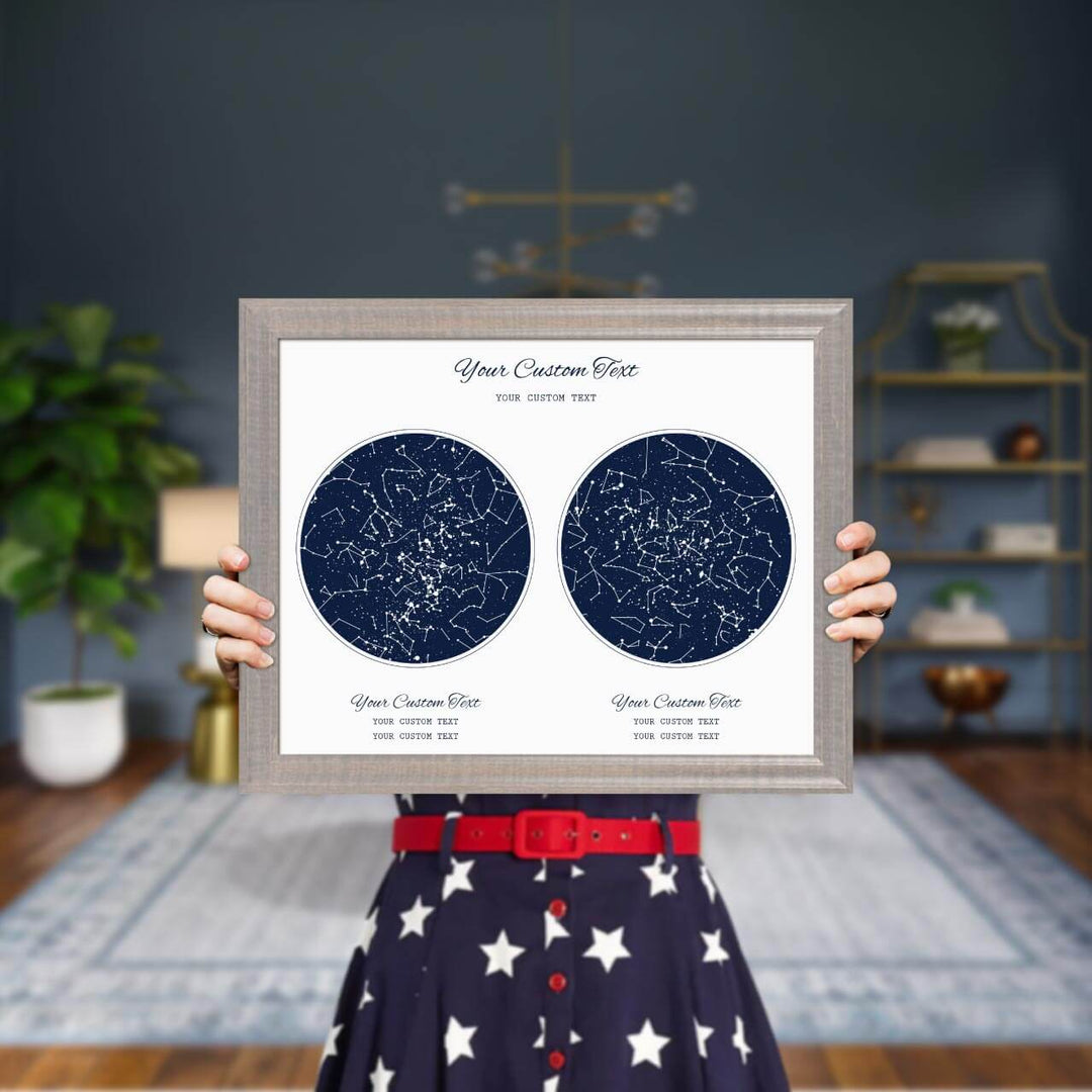 Star Map Gift Personalized With 2 Night Skies, Horizontal, Gray Beveled Framed Art Print, Styled#color-finish_gray-beveled-frame