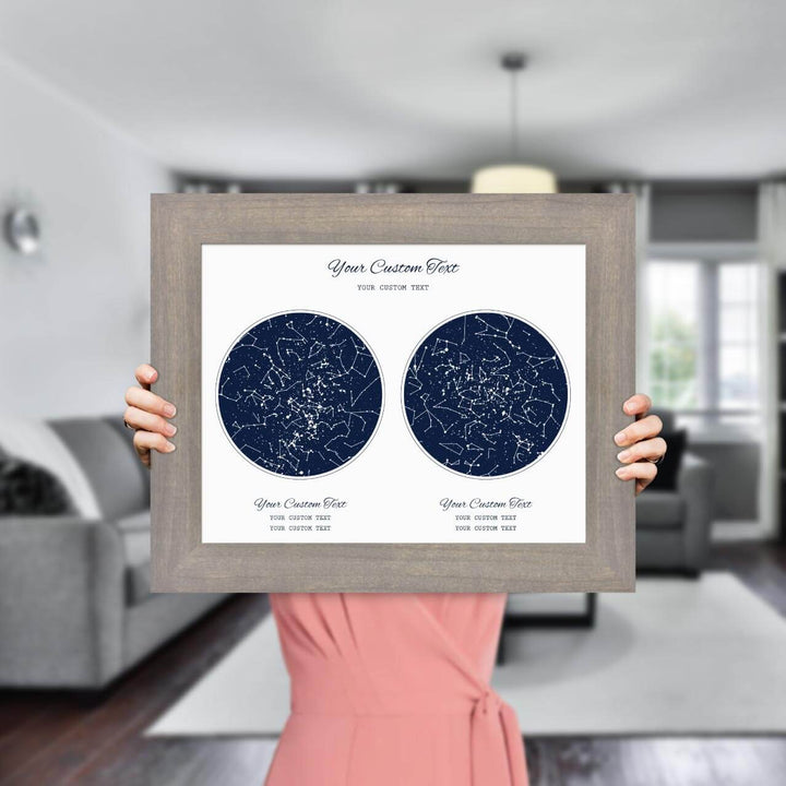 Star Map Gift Personalized With 2 Night Skies, Horizontal, Gray Wide Framed Art Print, Styled#color-finish_gray-wide-frame