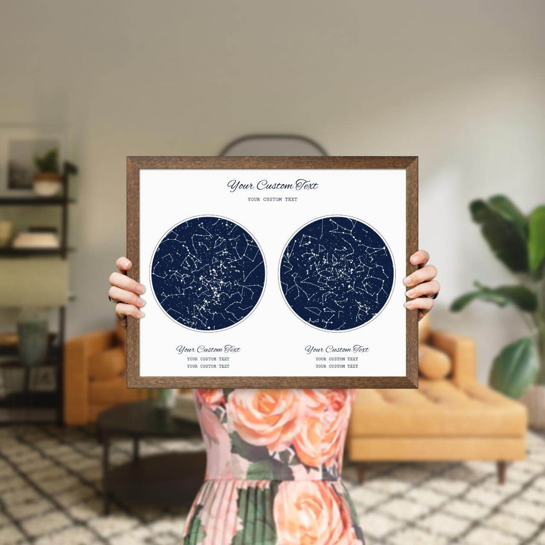 Star Map Gift Personalized With 2 Night Skies, Horizontal, Walnut Thin Framed Art Print, Styled#color-finish_walnut-thin-frame