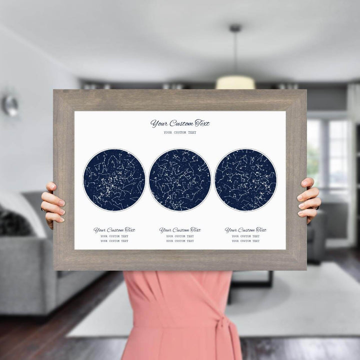 Star Map Gift Personalized With 3 Night Skies, Horizontal, Gray Wide Framed Art Print, Styled#color-finish_gray-wide-frame