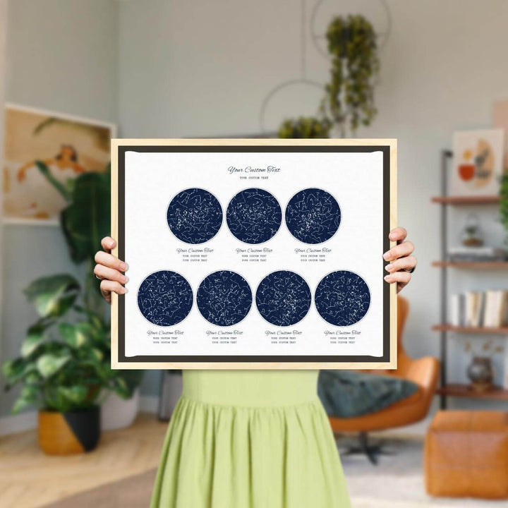 Star Map Gift Personalized With 7 Night Skies, Horizontal, Light Wood Floater Framed Art Print, Styled#color-finish_light-wood-floater-frame